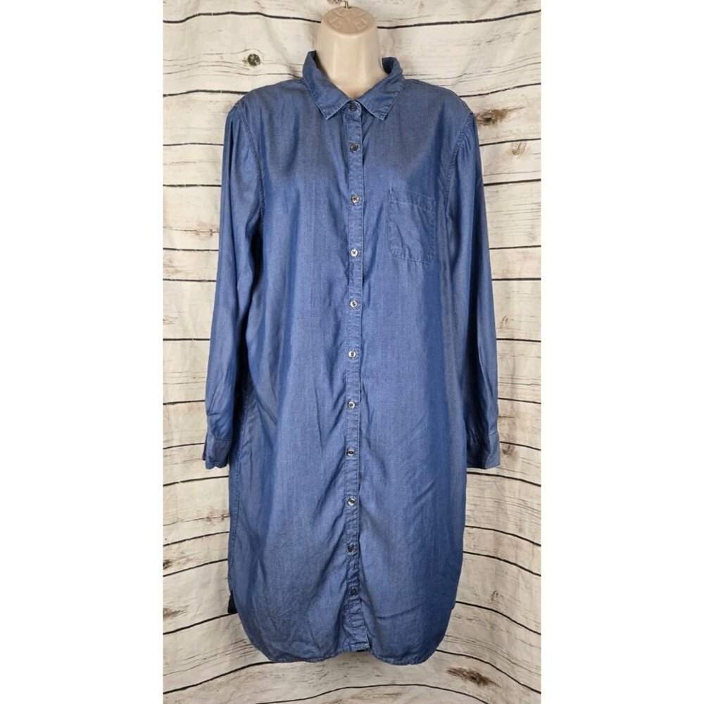 Garnet Hill Blue Chambray Shirt Dress 14 100% Tencel Lyocell Button Up Womens